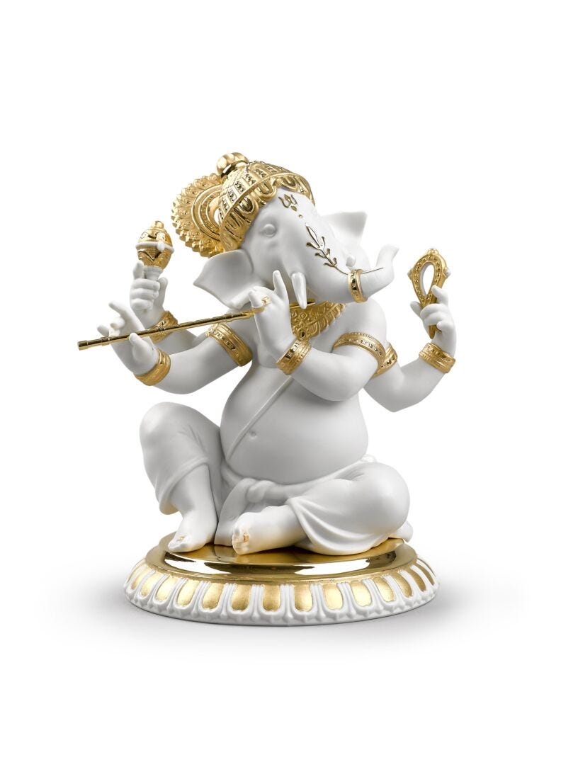 lladro Figura Ganesha con Bansuri. Lustre oro