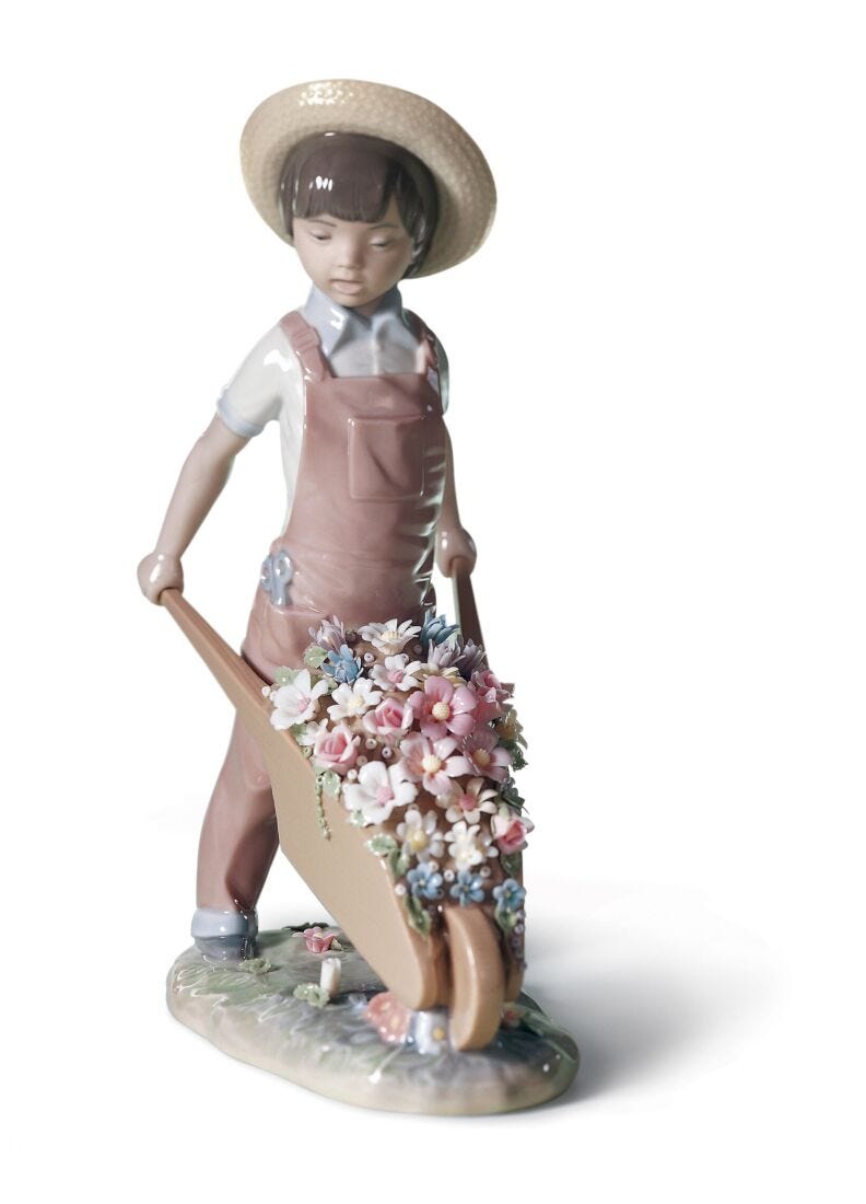 Lladro Figura Niño Carretilla Con Flores