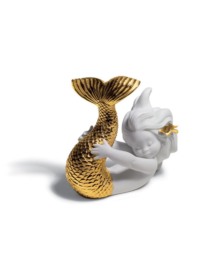 Lladro Figura Sirena Jugando Con El Mar. Lustre Oro