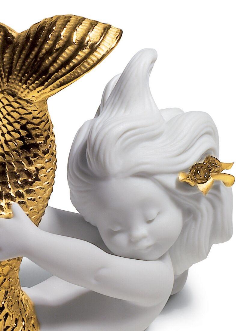 Lladro Figura Sirena Jugando Con El Mar. Lustre Oro