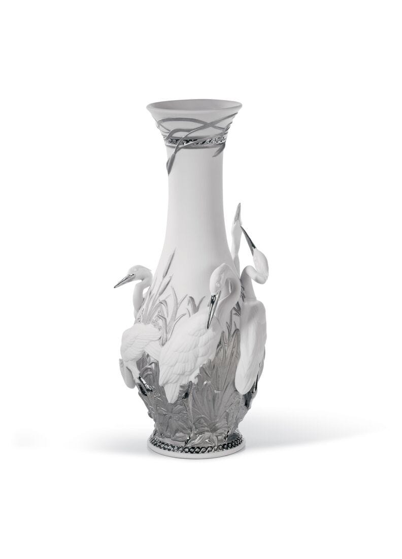 Lladro Jarrón Garzas Reales. Lustre Plata