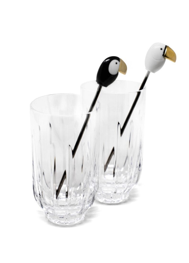 lladro Set 2 vasos cristal altos + 2 agitadores Tucán. Lustre dorado