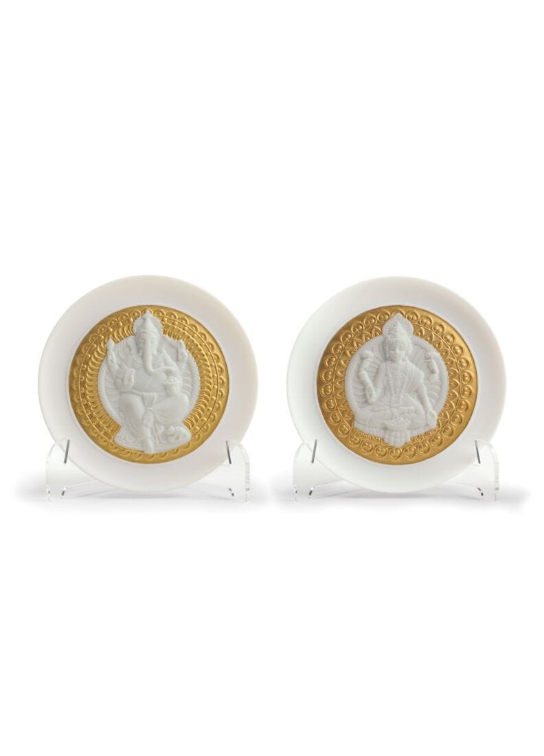 lladro Set de platos decorativos Diosa Lakshmi-Lord Ganesha. Lustre oro