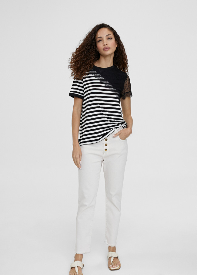 Lola Casademunt Camiseta Rayas Con Encaje