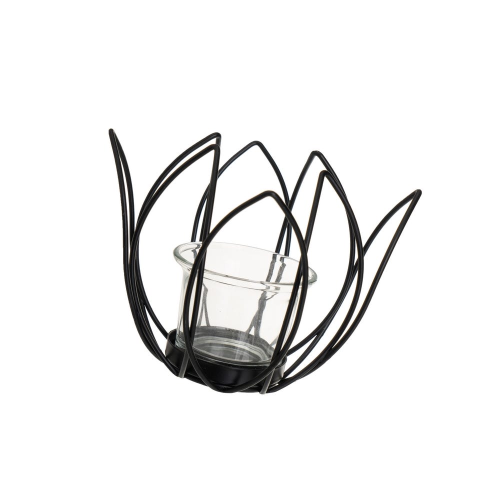 Lolahome 2 Portavelas Flor De Metal Negro Con Vaso De Cristal