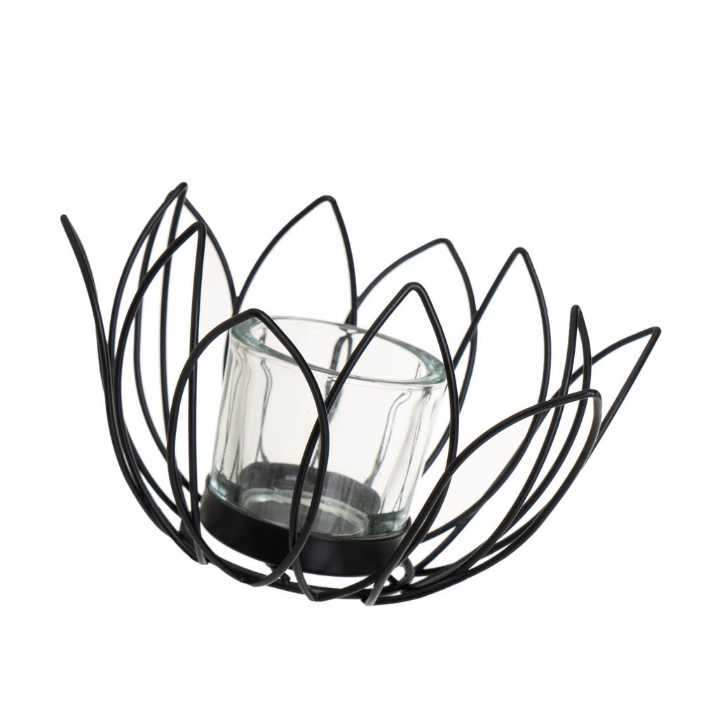 lolahome 2 portavelas flor de metal negro con vaso de cristal