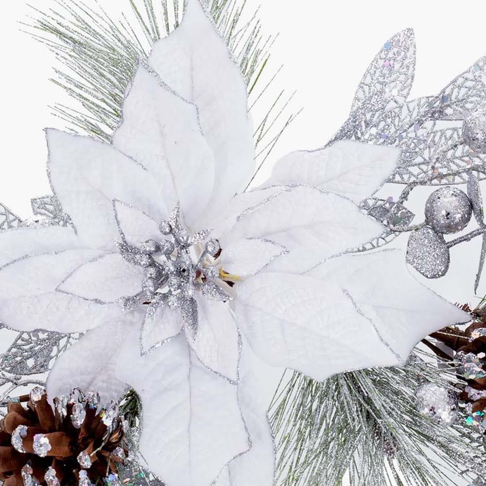 Lolahome Adorno De Navidad Flor De Tela Y Piñas Blanco Y Plateado De 73 Cm