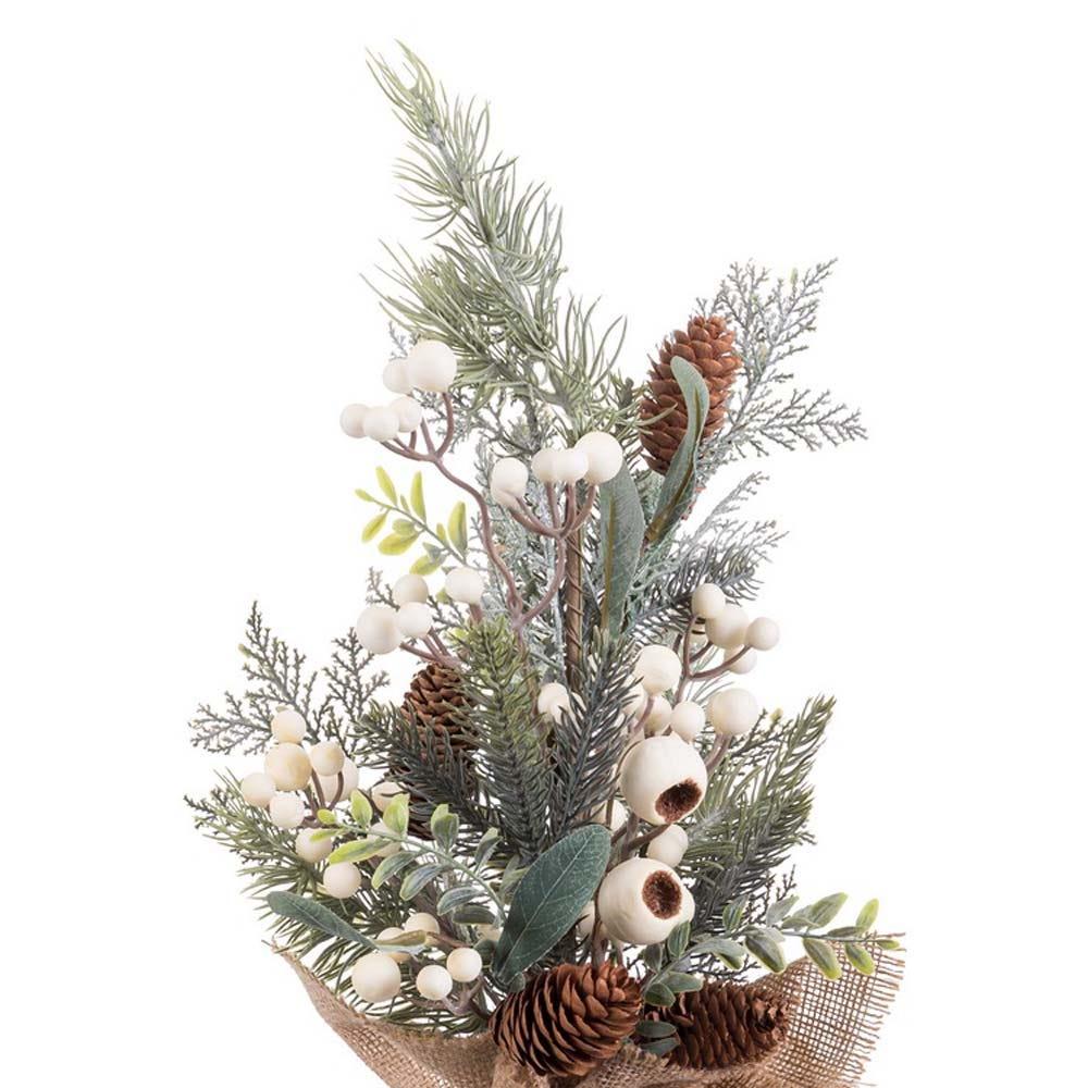 Lolahome Arbolito Navidad Decorado Acebo Blanco Y Piñas Naturales Maceta Tela Saco 50 Cm