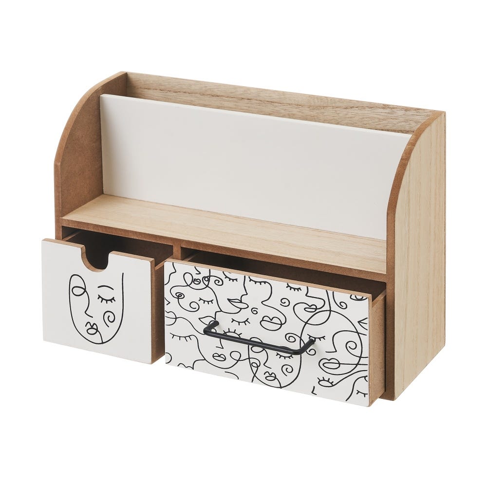 lolahome Caja caras de 2 cajones de madera blanca y natural de 26x10x18 cm