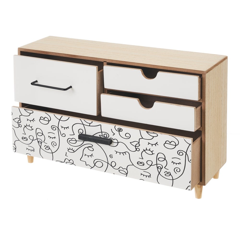 lolahome Caja caras de 4 cajones de madera blanca y natural de 36x11x22 cm