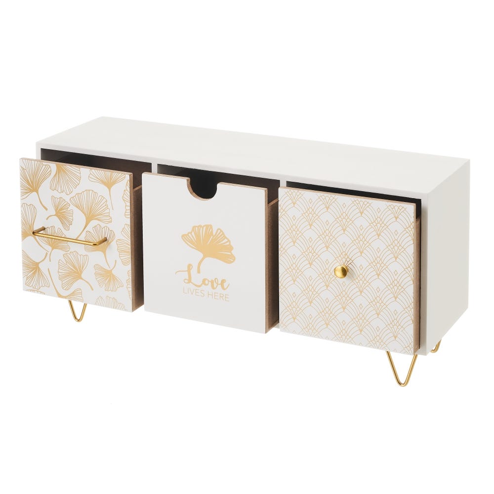 lolahome Caja hojas de 3 cajones de madera blanca y dorada de 40x12x20 cm