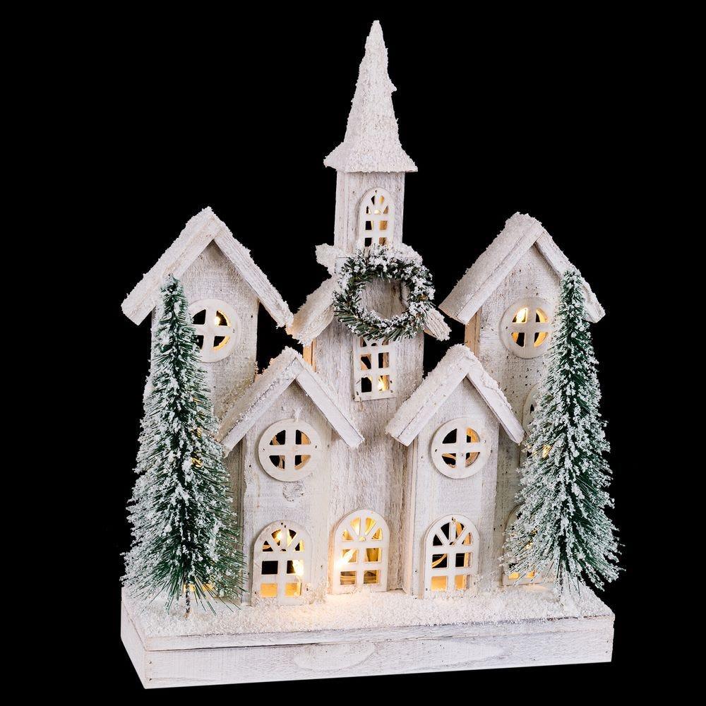 lolahome Casa de Navidad con corona de madera blanca con luz de 30x10x43 cm