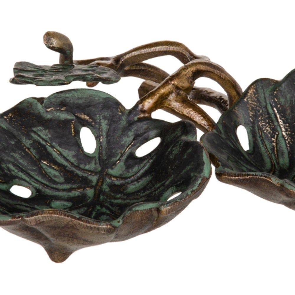 lolahome Centro de mesa de 2 hojas dorado y verde de metal envejecido de 26x26x5 cm