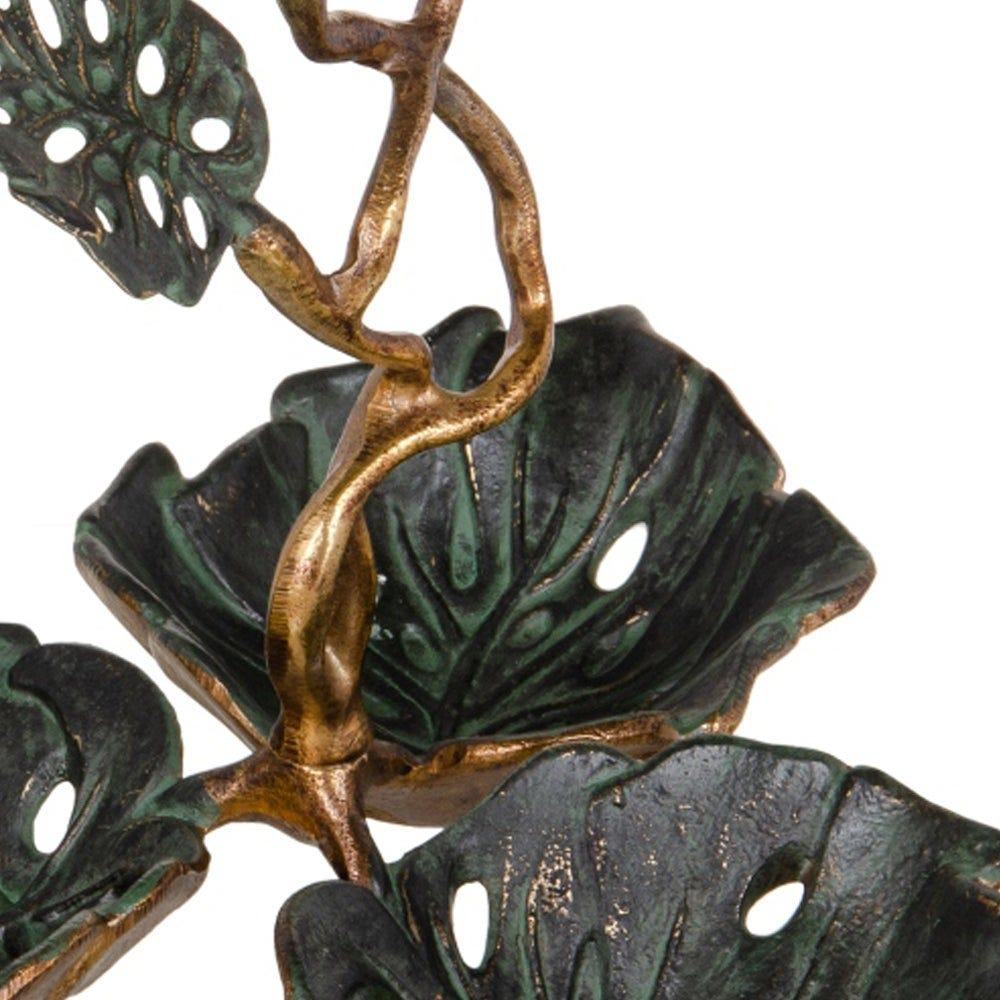 lolahome Centro de mesa de 3 hojas dorado y verde de metal envejecido de 27x26x20 cm