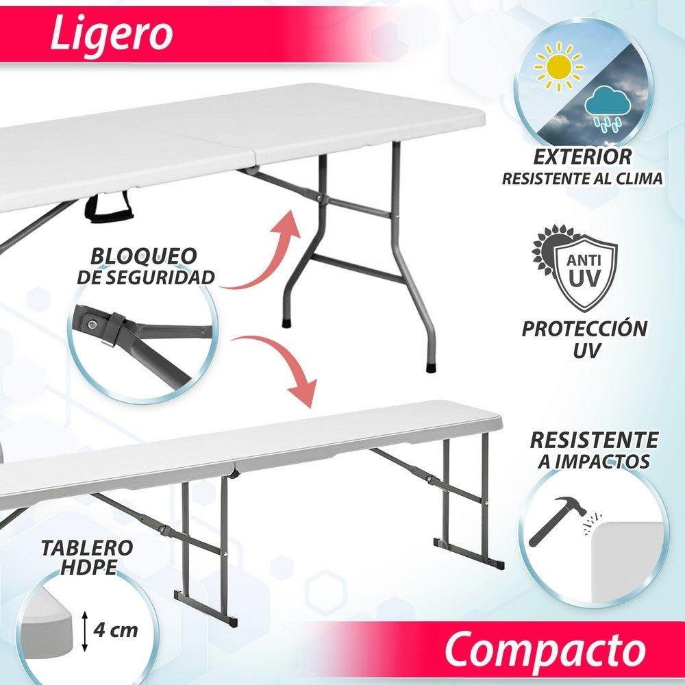 Lolahome Conjunto Mesa 180 Cm Y 2 Bancos Plegable De Acero Anticorrosión Y HDPE. Resistente Fácil Transporte Fácil Montaje. Ideal Acampadas Picnic Catering Jardín Terraza