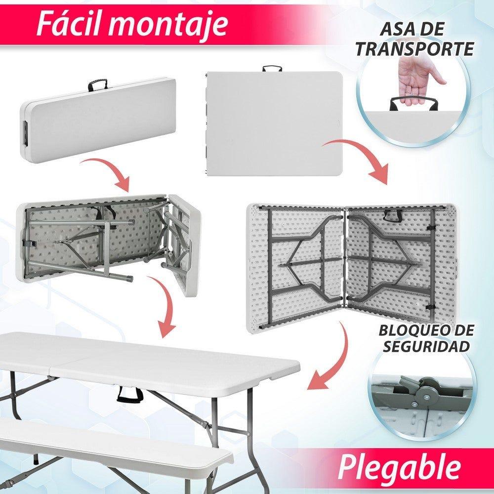 Lolahome Conjunto Mesa 180 Cm Y 2 Bancos Plegable De Acero Anticorrosión Y HDPE. Resistente Fácil Transporte Fácil Montaje. Ideal Acampadas Picnic Catering Jardín Terraza