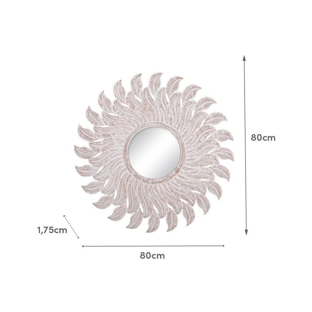 Lolahome Espejo Sol Tallado Blanco De Madera De Ø 80 Cm