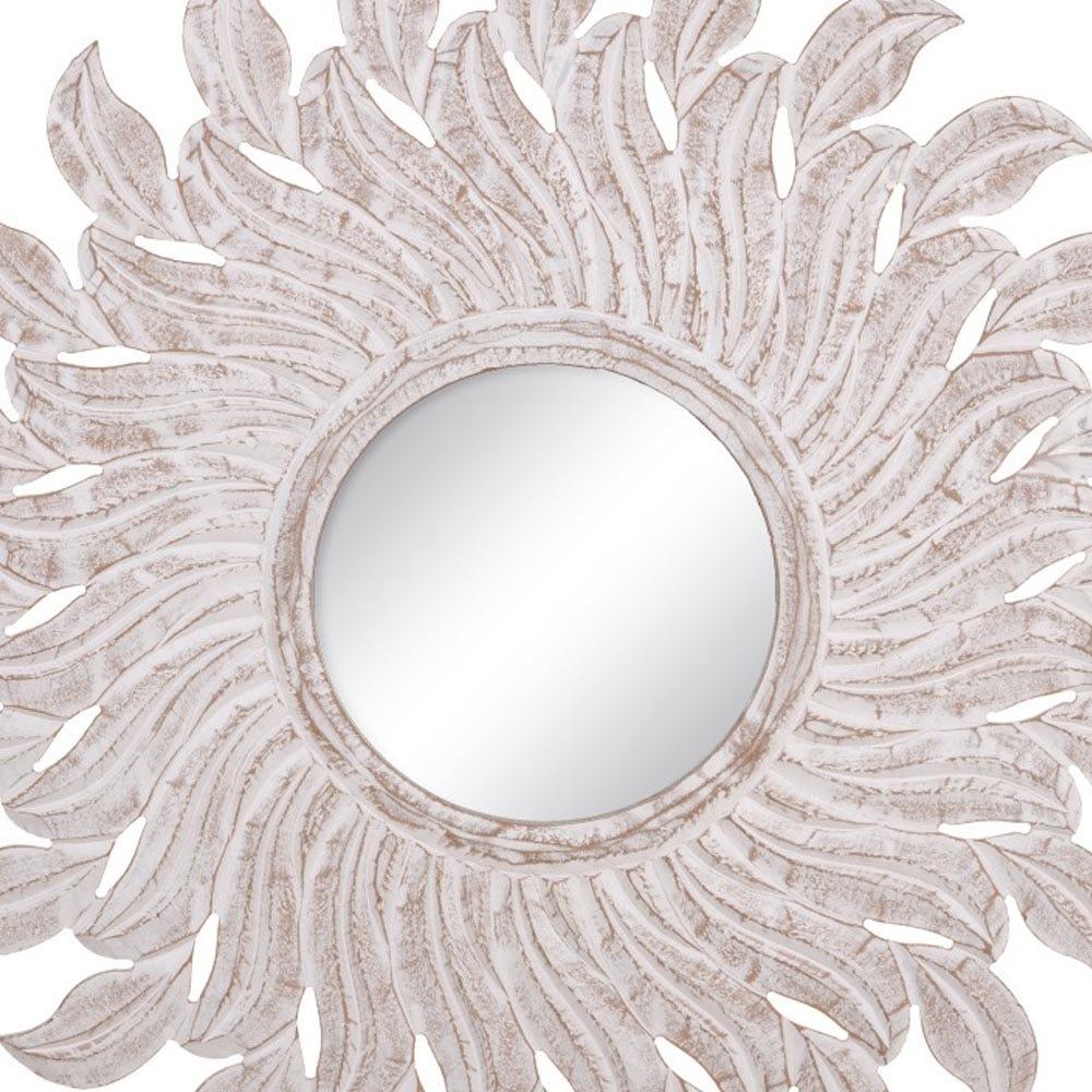 Lolahome Espejo Sol Tallado Blanco De Madera De Ø 80 Cm