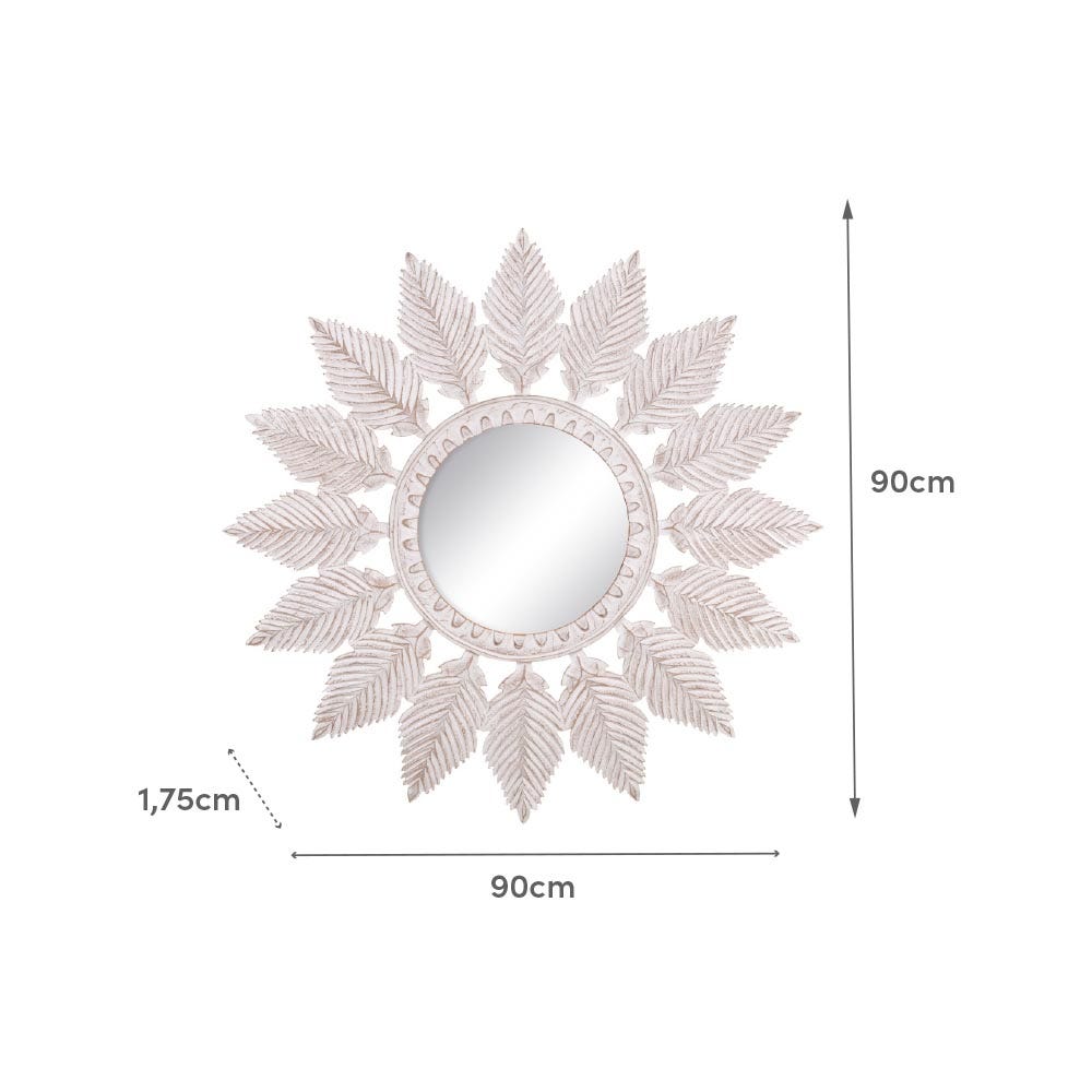 Lolahome Espejo Tallado De Plumas Blanco De Madera De Ø 90 Cm