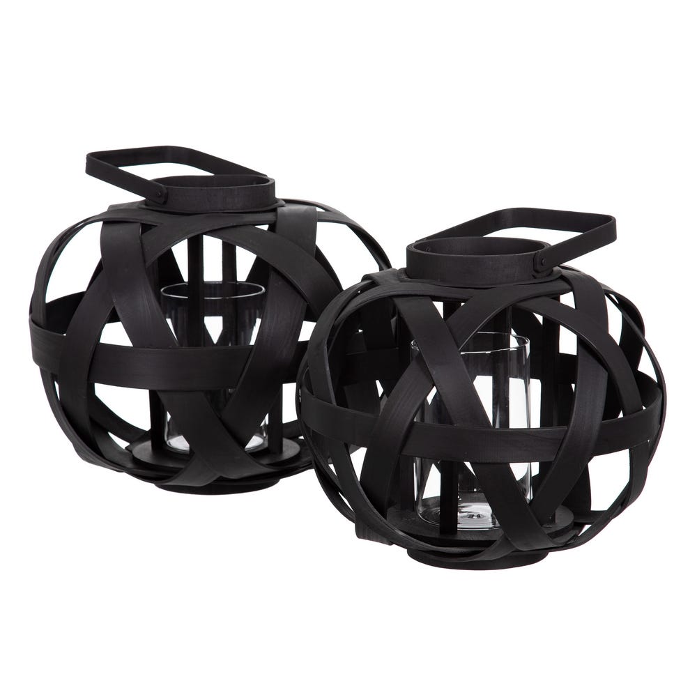 lolahome Farol portavelas trenzado negro de bambú de Ø 35x29 cm