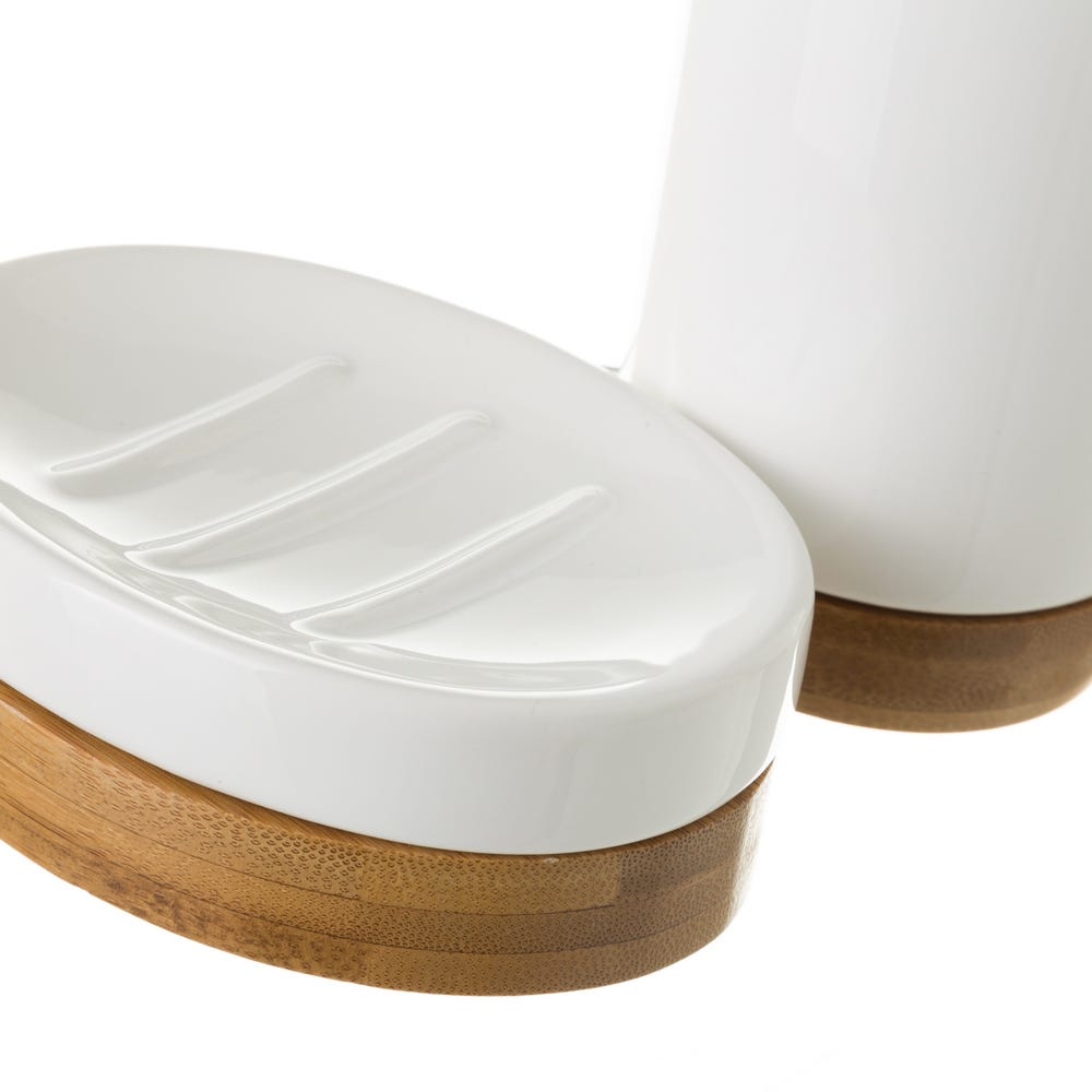 lolahome Juego de dispensador jabonera y portacepillos de cerámica y bambú blancos
