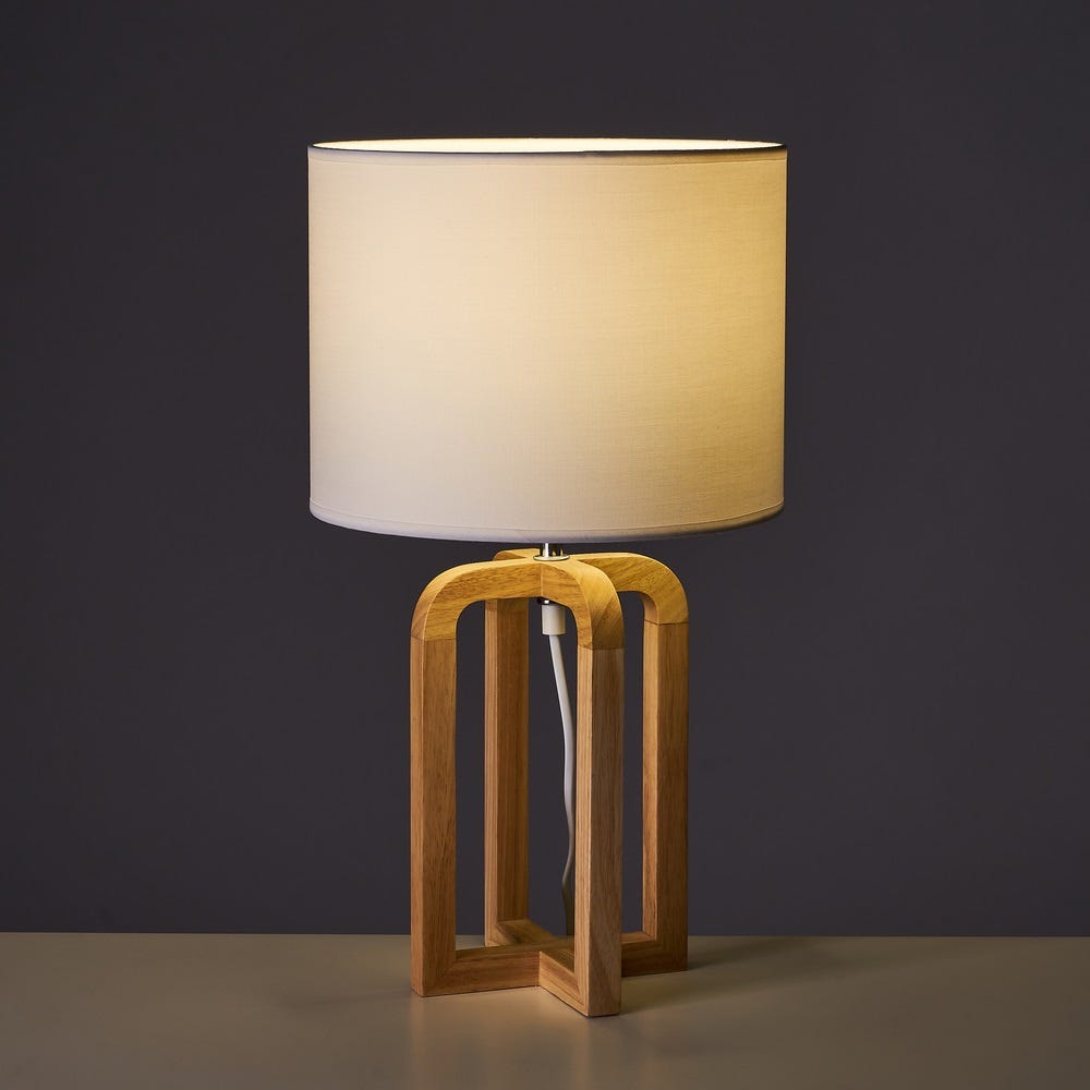 lolahome Lámpara de mesa geométrica de lino y madera natural de Ø 26x46 cm