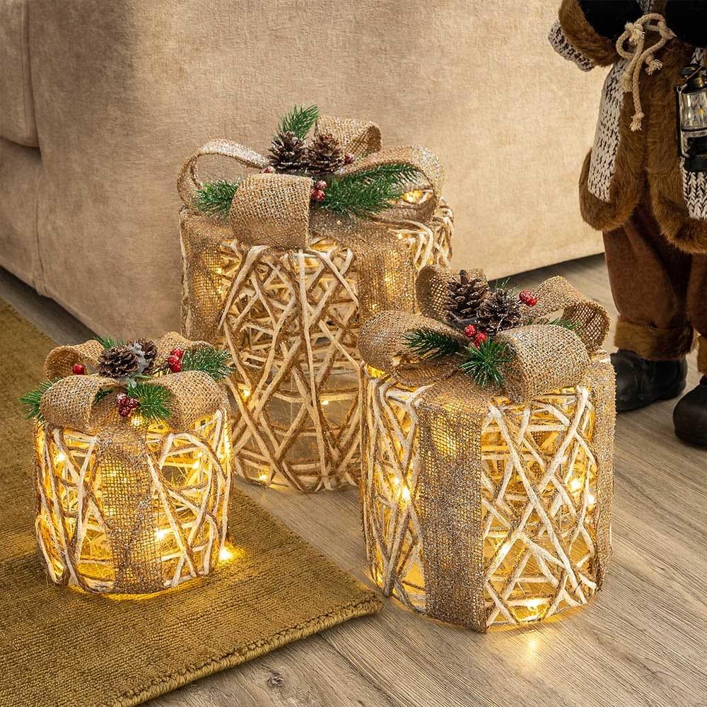 lolahome Set de 3 regalos dorados con luz de pila