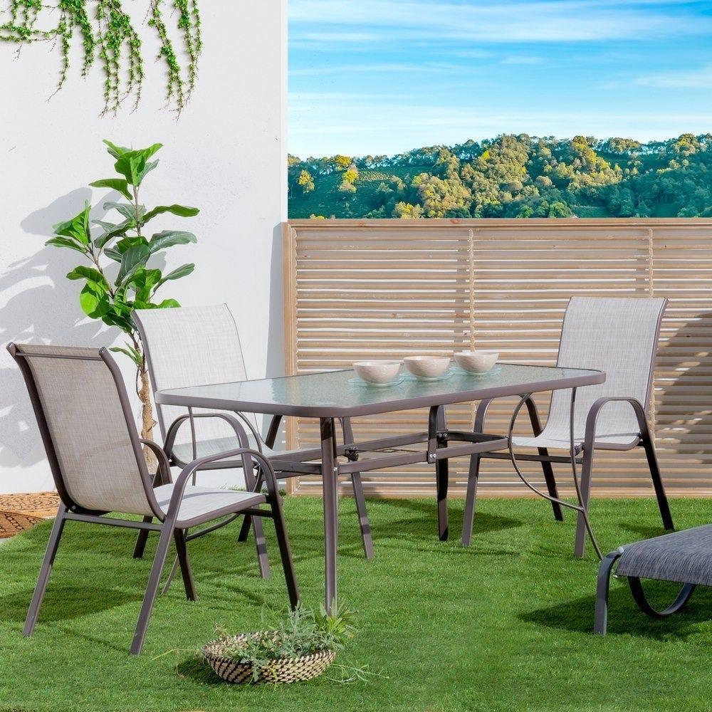 lolahome Mesa de jardín Neila de Cristal y Acero. De 150x90x75 cm. Resistentes: Cristal templado Acero anticorrosión. Para 6 personas. Para exterior. Classic