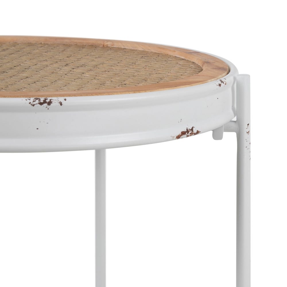 Lolahome Mesita Bandeja Envejecida De Hierro Blanco Y Natural De Ø 50x53 Cm