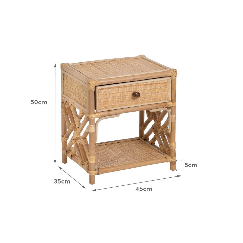 Lolahome Mesita De Noche De 1 Cajón De Rejilla De Ratán Natural De 45x35x50 Cm