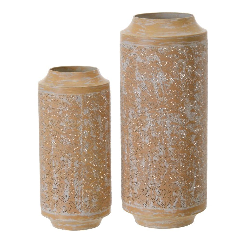 lolahome Portavelas calado blanco y natural de metal de Ø 26x65 cm