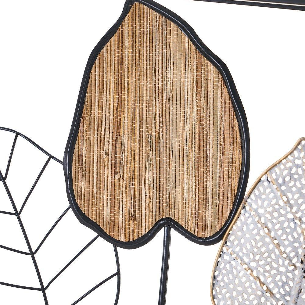 lolahome Set de 2 murales de hojas de hierro y fibra natural negro y natural de 38x91 cm