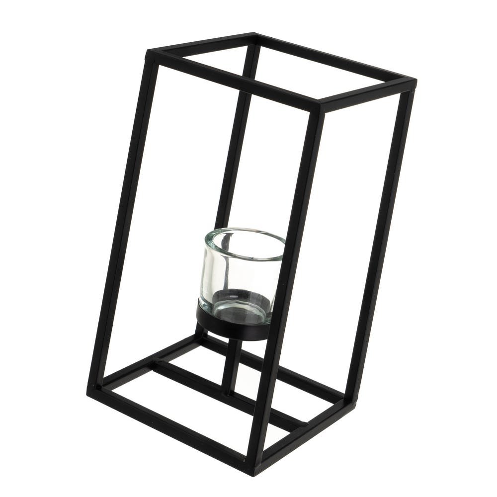 Lolahome Set De 2 Portavelas Cubo De Metal Negro Con Vaso De Cristal