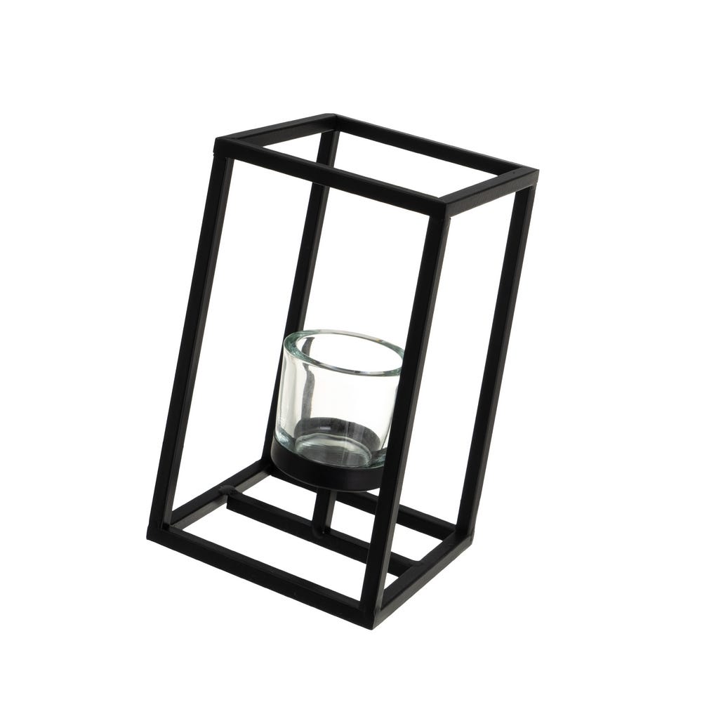 lolahome Set de 2 portavelas cubo de metal negro con vaso de cristal