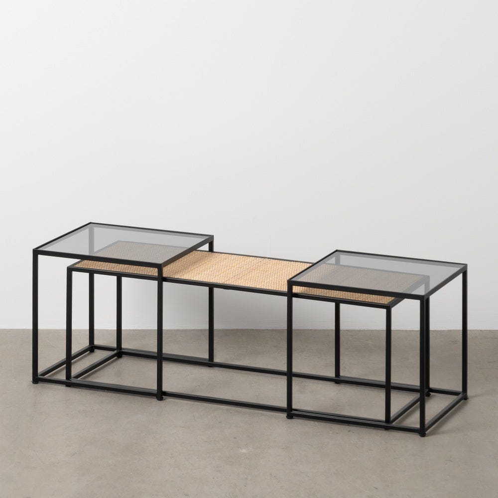Lolahome Set De 3 Mesas De Centro Nido De Cristal Y Ratán