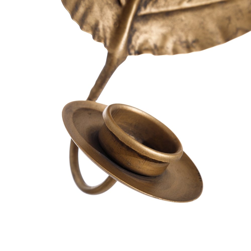 lolahome Set de 3 portavelas hoja de pared oro viejo de zinc de 67x14x40 cm
