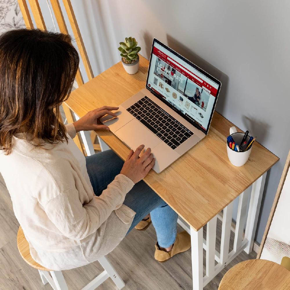 Lolahome Set De Mesa Alta Y 2 Taburetes De Madera Blanco Y Natural