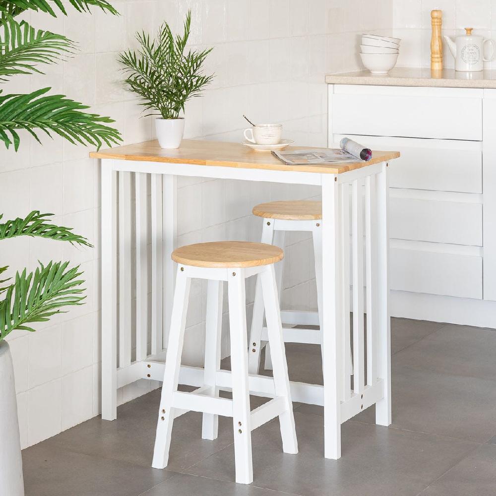 lolahome Set de mesa alta y 2 taburetes de madera blanco y natural
