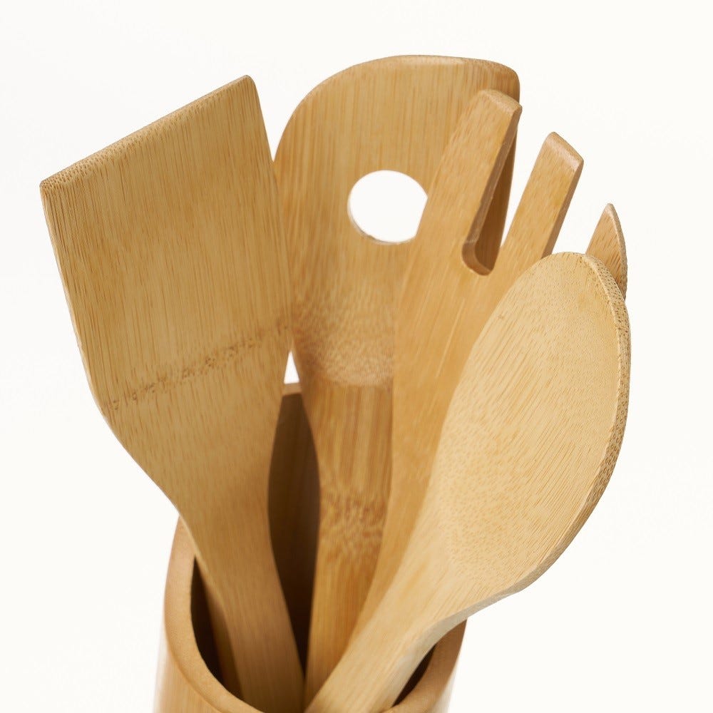 lolahome Set de porta utensilios con 4 accesorios de bambú natural de Ø 8x32 cm
