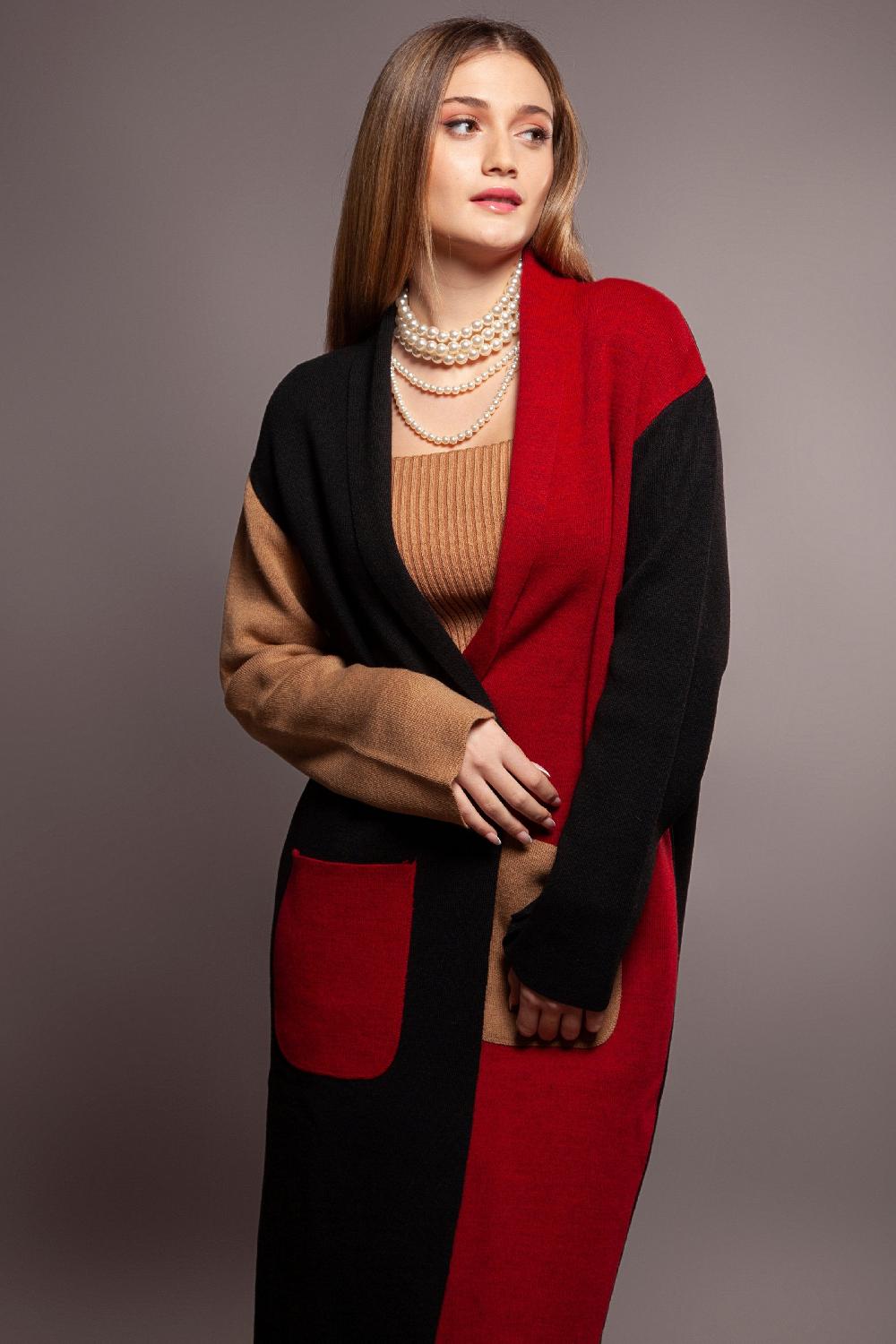 Lolitas&l Abrigo Punto Granate Bicolor Largo Con Bolsillos Delantero Lolitas&L