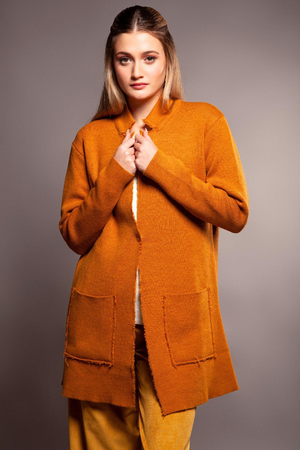 Lolitas&l Abrigo Punto Mostaza Largo Con Bolsillos Delantero Lolitas&L