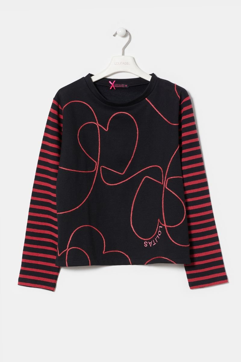 Lolitas&l Camiseta Bicolor Negra Granate Con Bordado Corazon LolitasyL