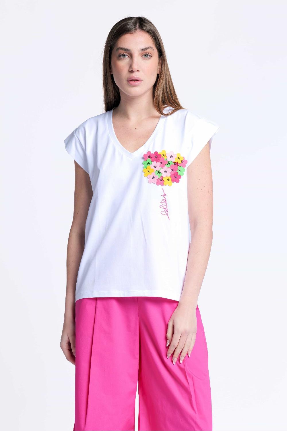 lolitas&l Camiseta blanca bordada con aplicacion flor escote pico Lolitas&L