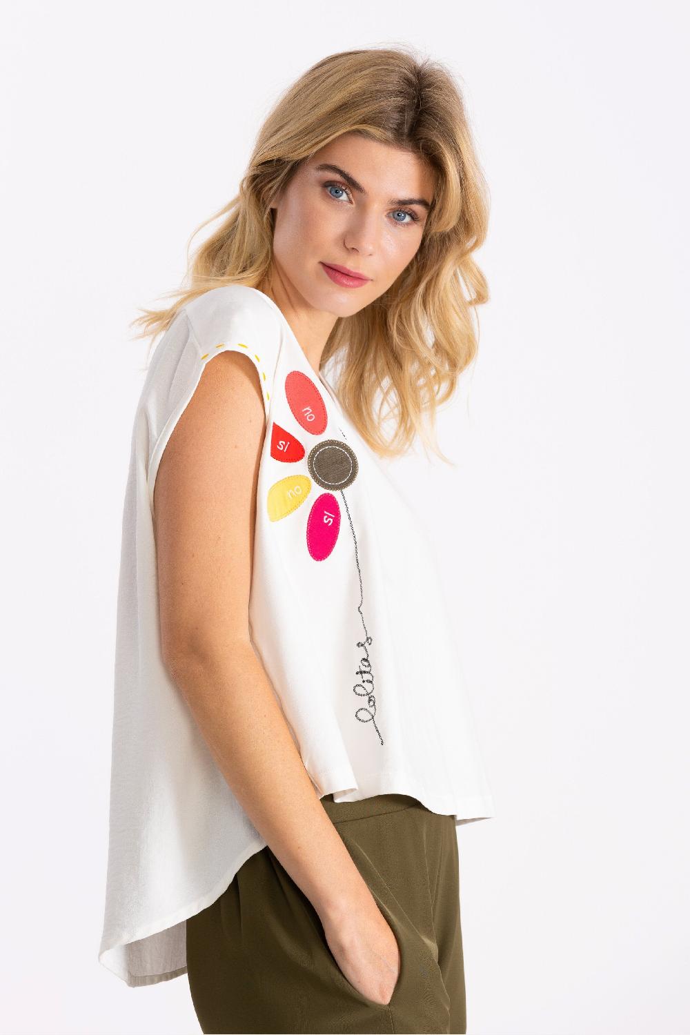 Lolitas&l Camiseta Blanca Bordado Flor Multicolor Si No LolitasyL