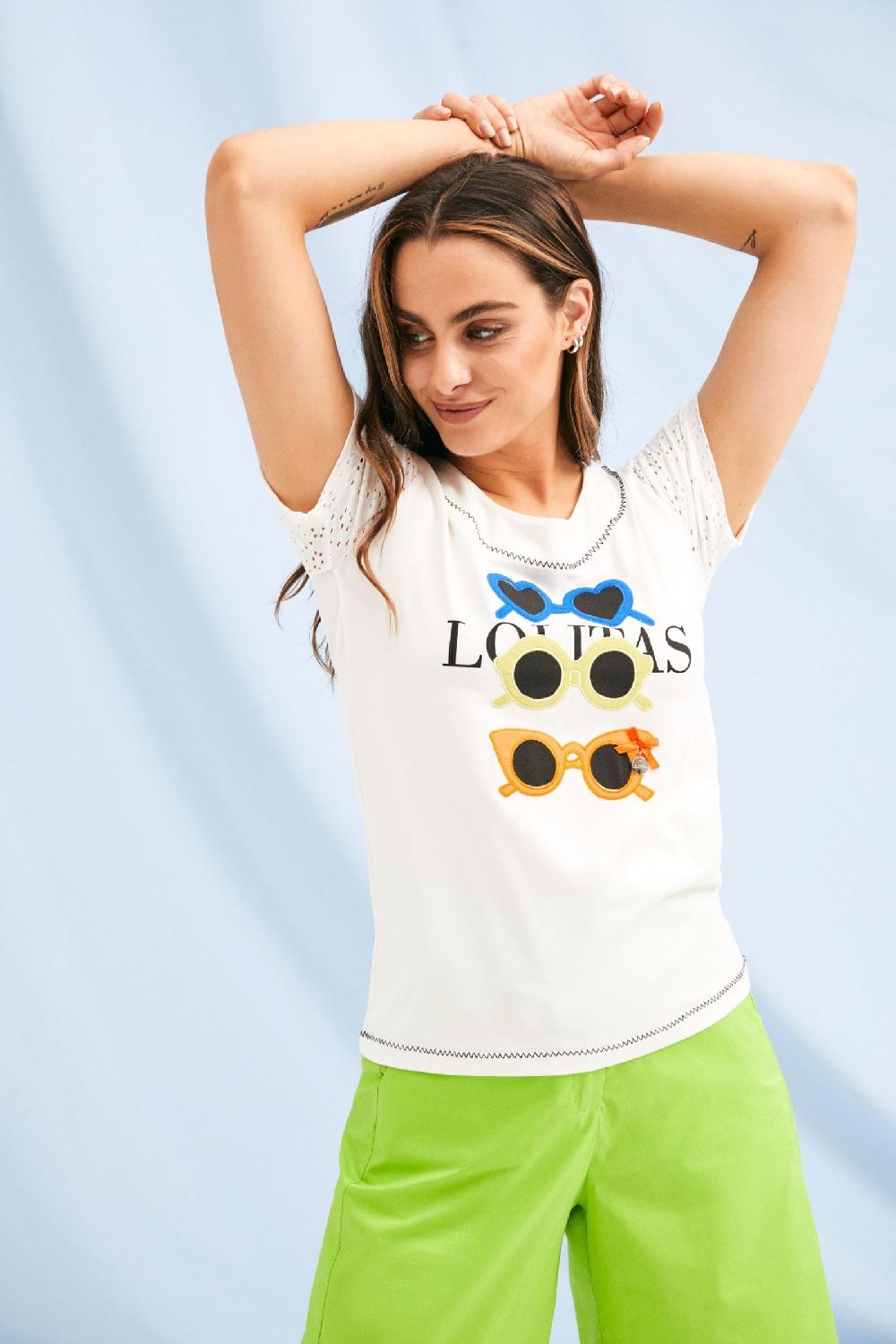 lolitas&l Camiseta blanca bordado gafas manga grogre Lolitas&L