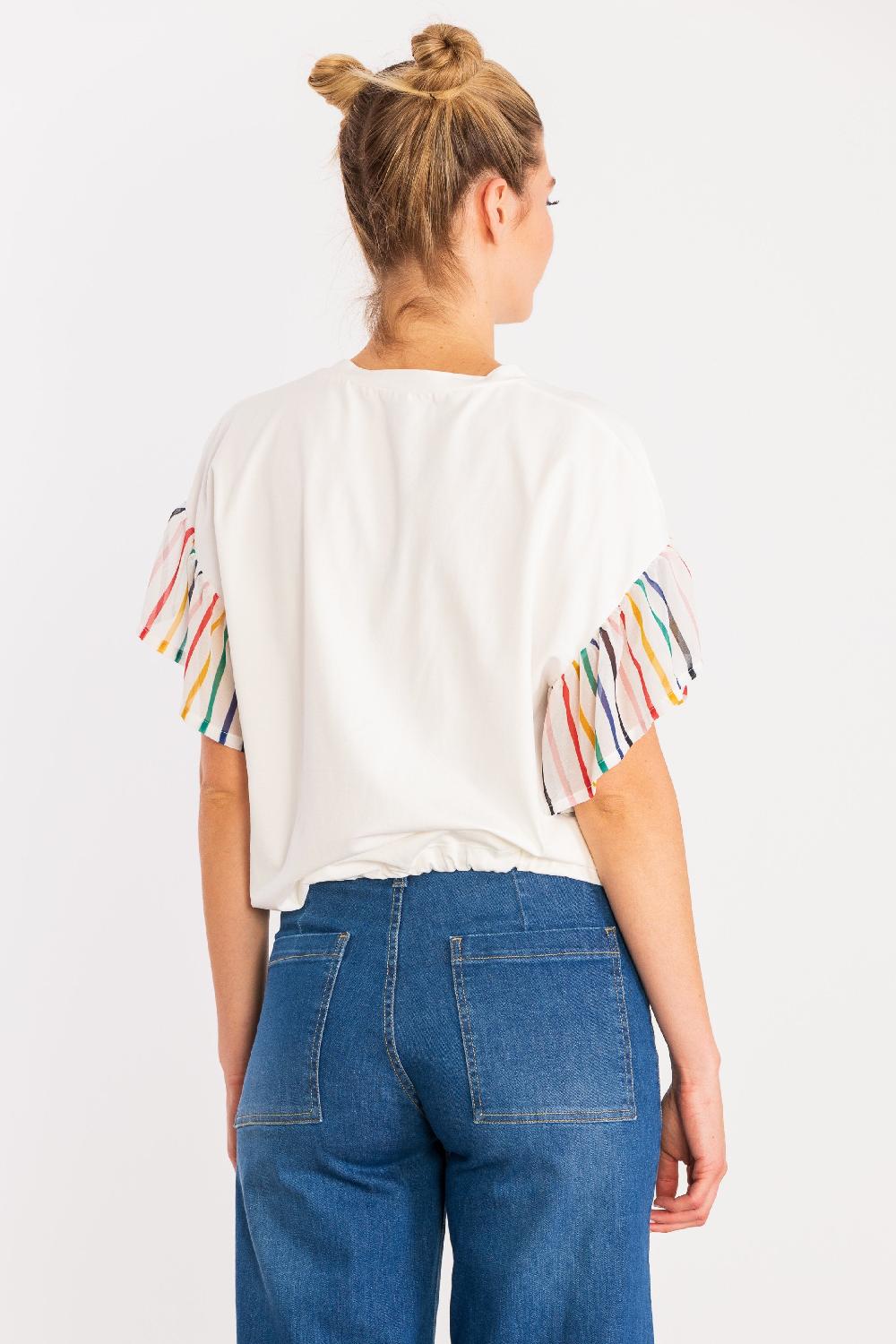 Lolitas&l Camiseta Blanca Margaritas Bordadas Y Raya Multicolor LolitasyL