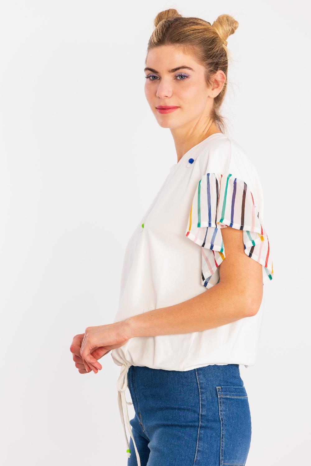 Lolitas&l Camiseta Blanca Margaritas Bordadas Y Raya Multicolor LolitasyL