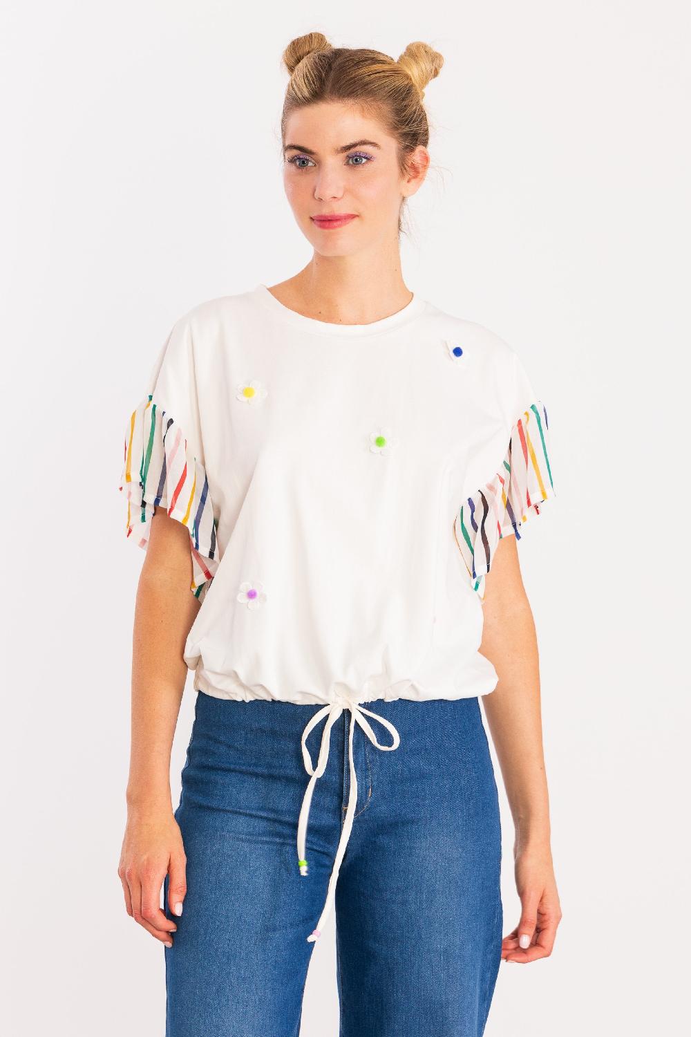lolitas&l Camiseta blanca margaritas bordadas y raya multicolor LolitasyL