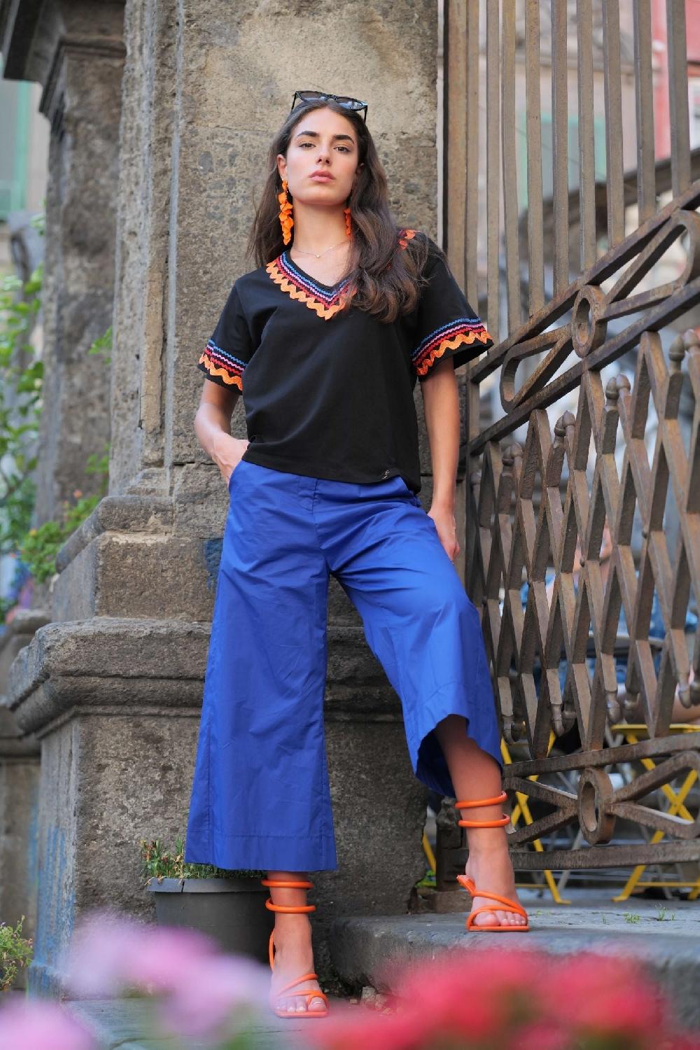 Lolitas&l Camiseta Negra Algodon Adorno Picunela En Escote Pico Lolitas&L