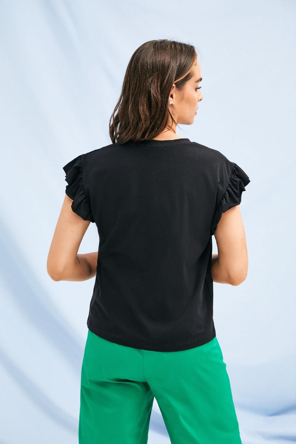 Lolitas&l Camiseta Negra Bordado Multicolor Manga Volantes Lolitas&L